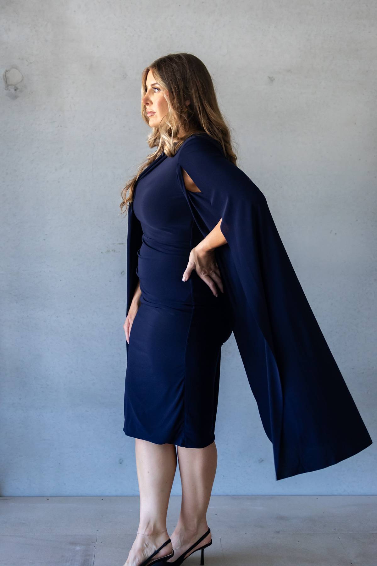 CLUB LONDON - Marysol Navy Cape midi dress (AU 16)
