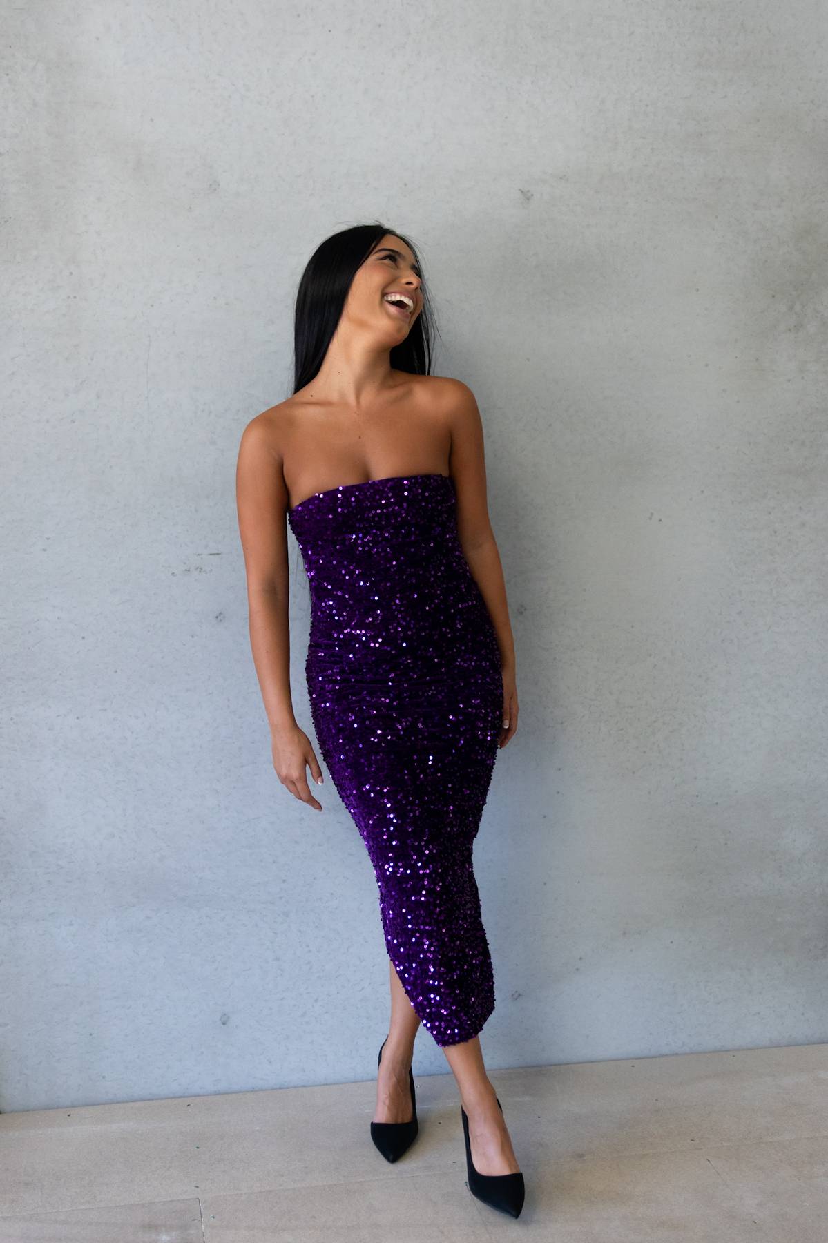 RUNAWAY THE LABEL- Sin City Midi Dress in Purple Sequin (AU 6)