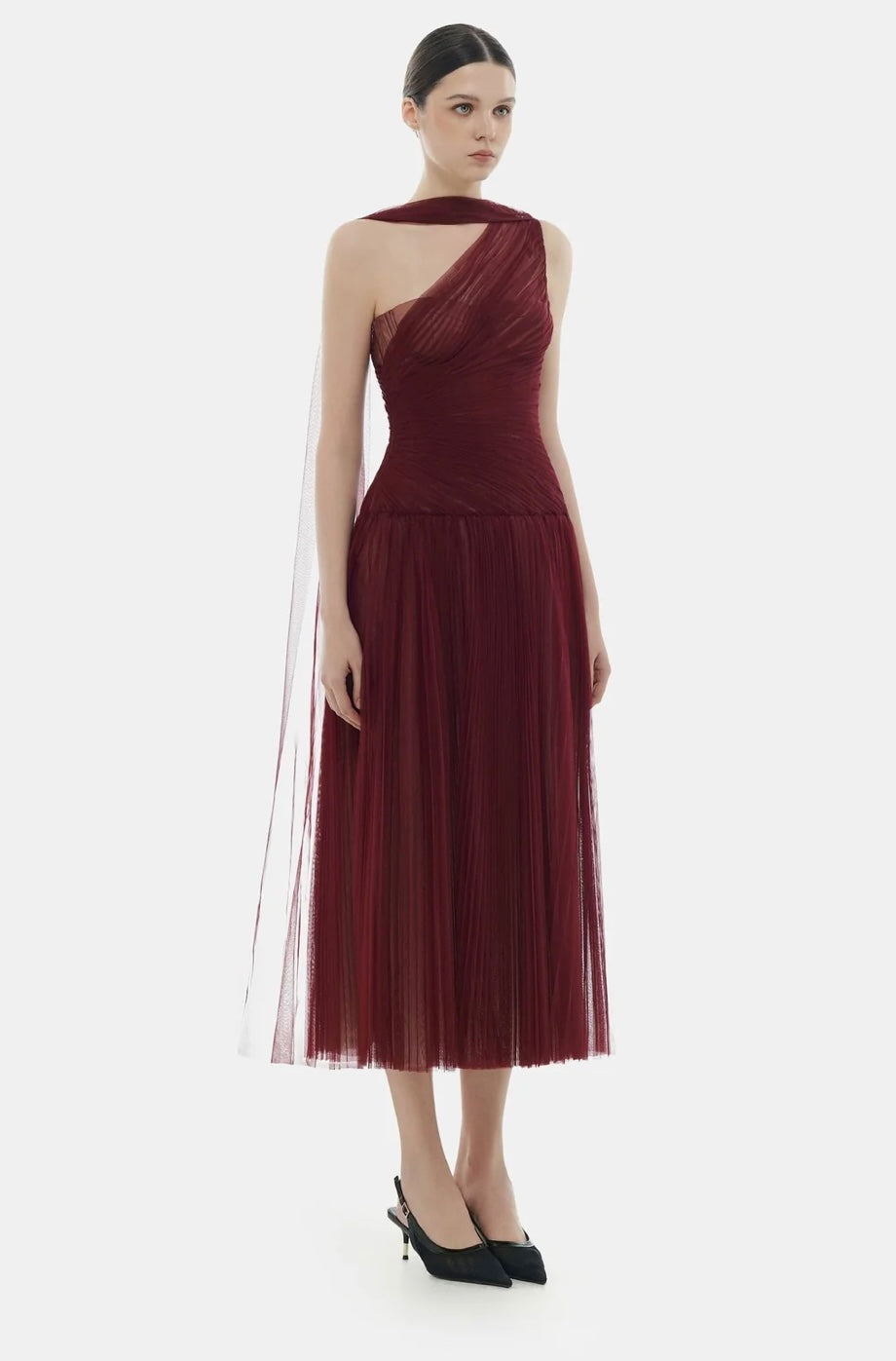 MONTSAND - Bordeaux Draped Midi Dress (Size L)