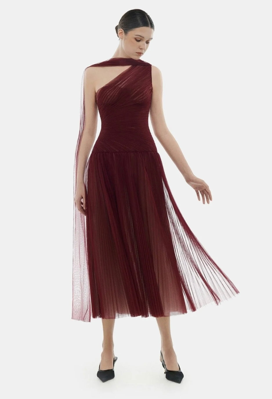 MONTSAND - Bordeaux Draped Midi Dress (Size L)