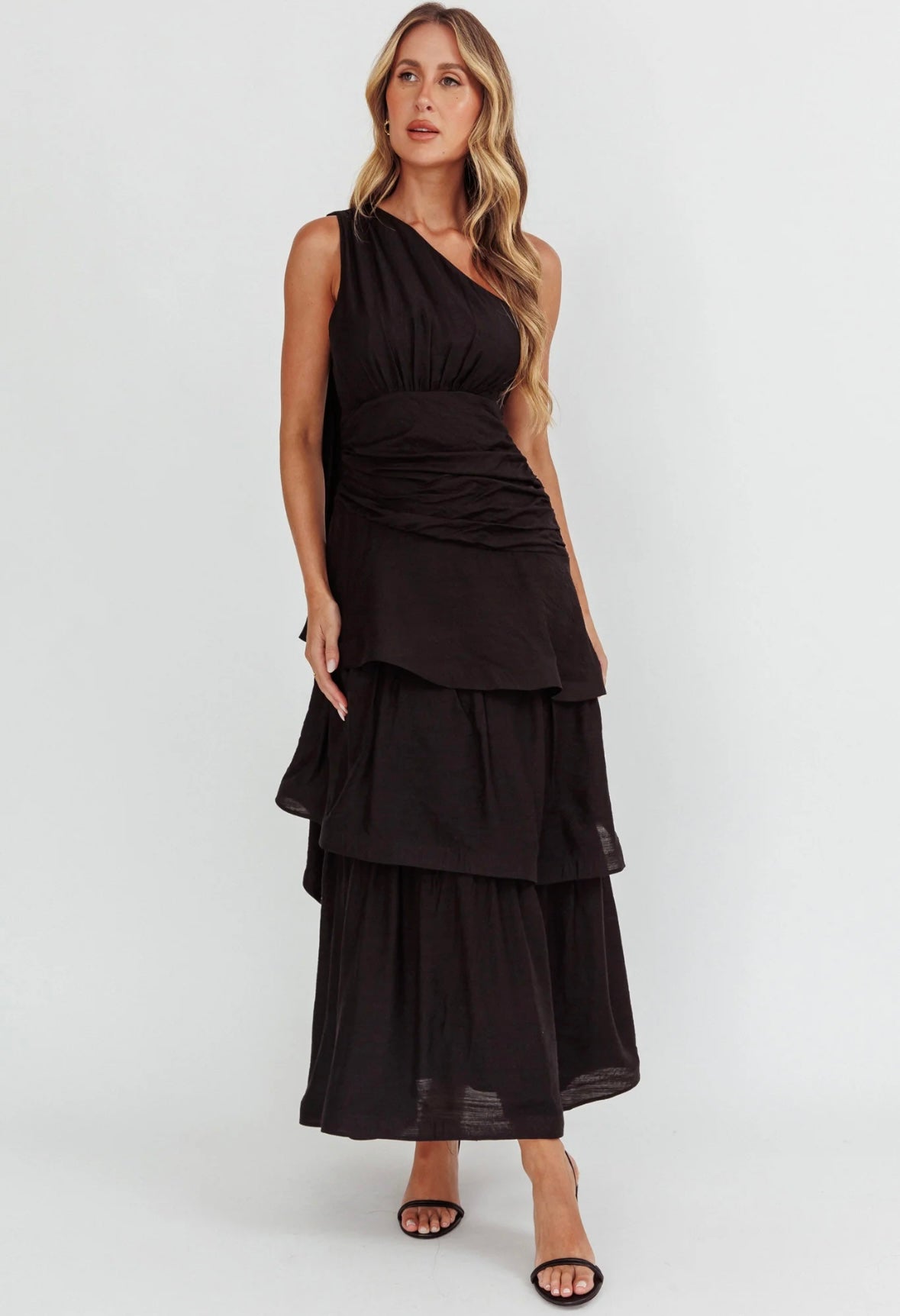 SAINTS & SECRETS - One Shoulder Tiered Maxi Dress (Black Size 10/Powder Blue Size 8)