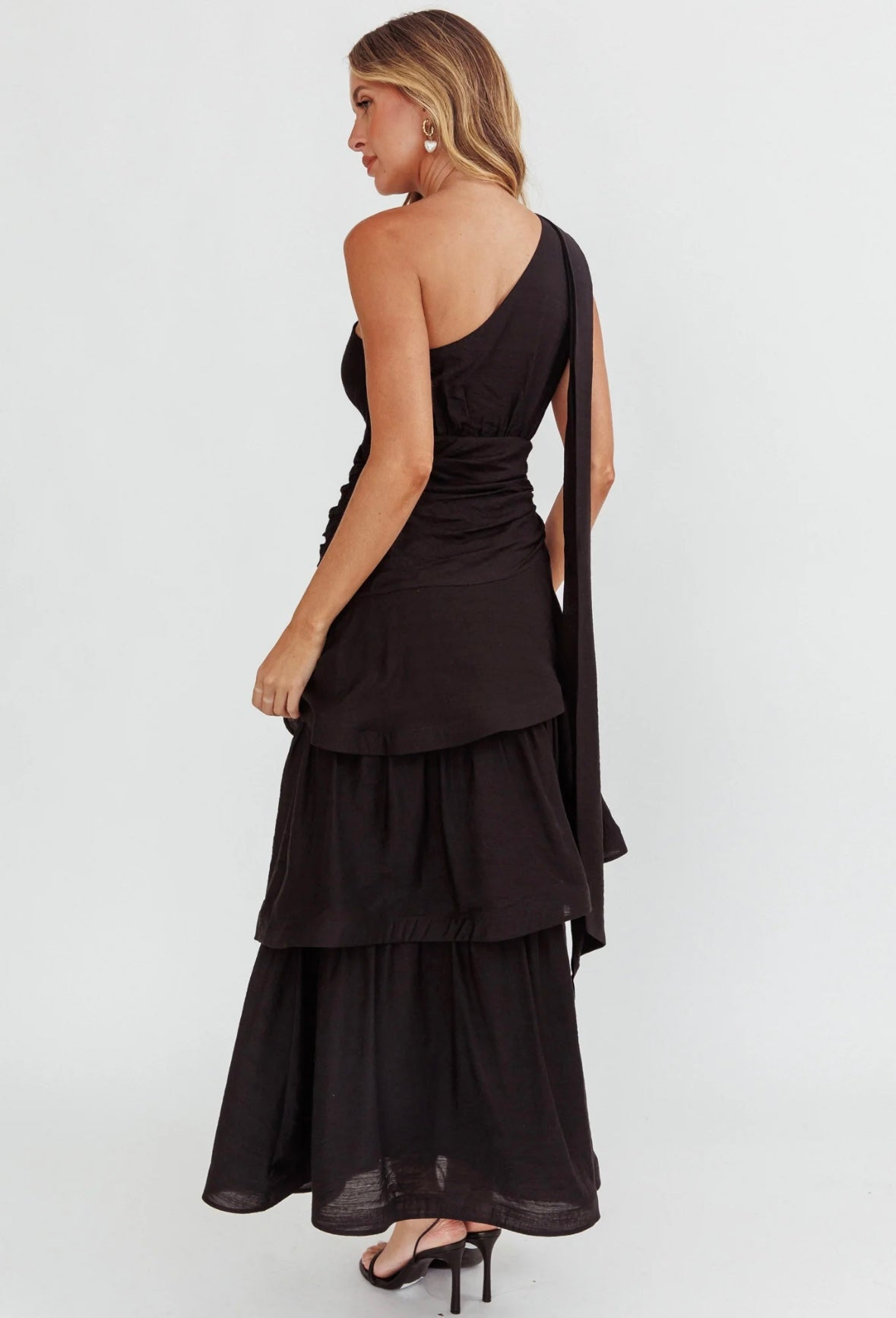 SAINTS & SECRETS - One Shoulder Tiered Maxi Dress (Black Size 10/Powder Blue Size 8)