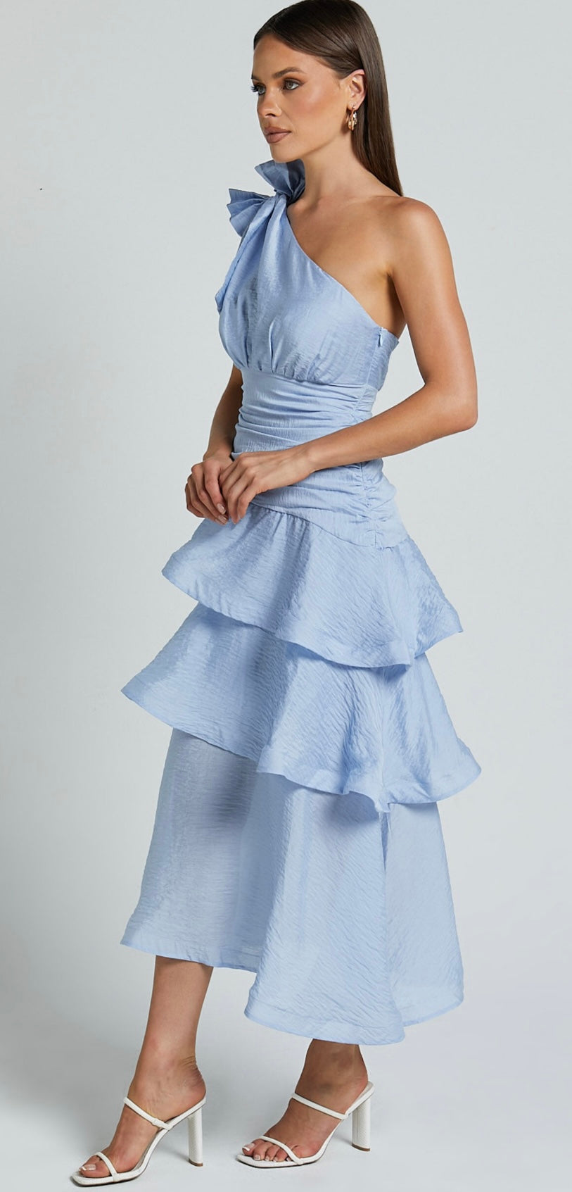 SAINTS & SECRETS - One Shoulder Tiered Maxi Dress (Black Size 10/Powder Blue Size 8)