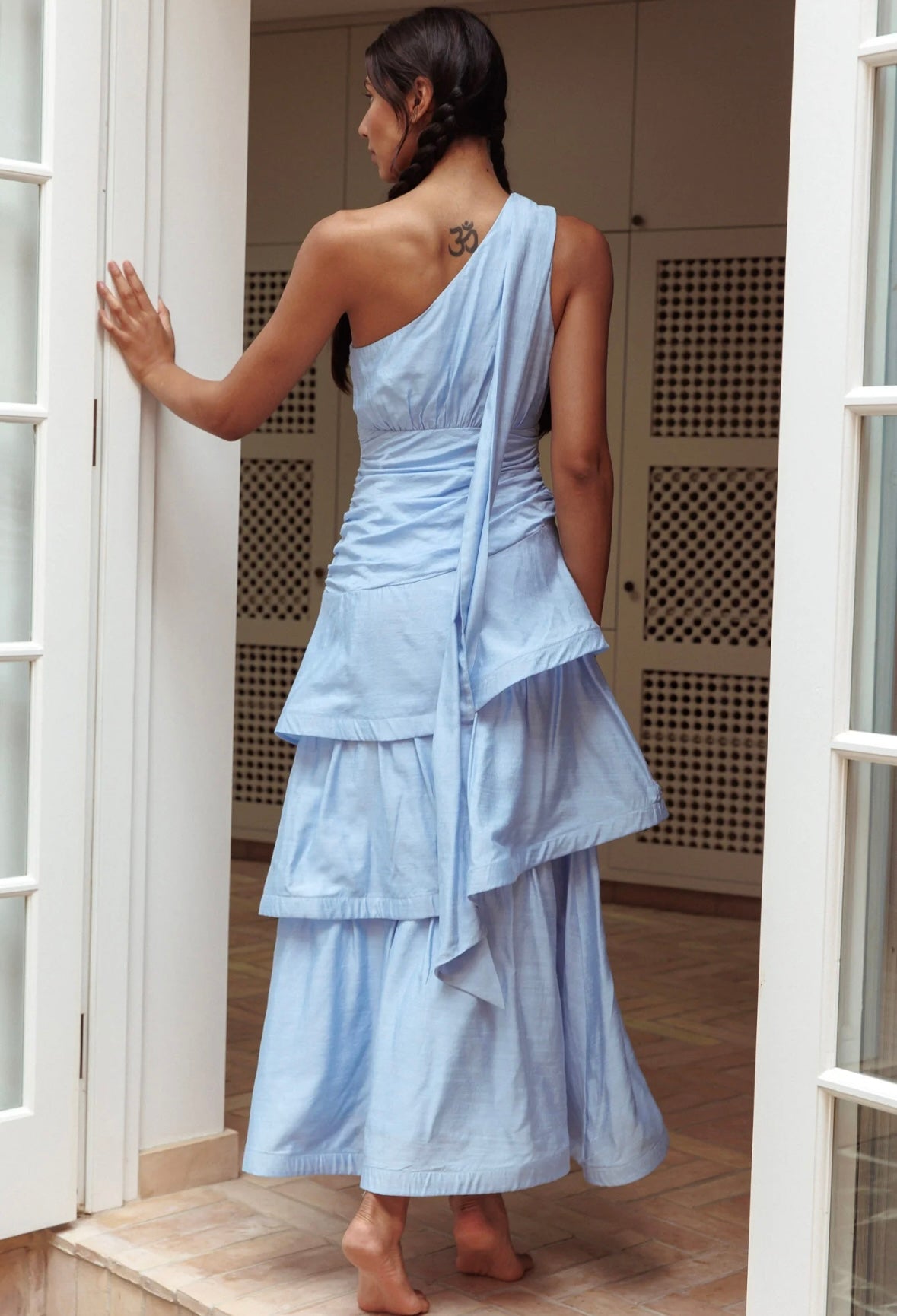 SAINTS & SECRETS - One Shoulder Tiered Maxi Dress (Black Size 10/Powder Blue Size 8)