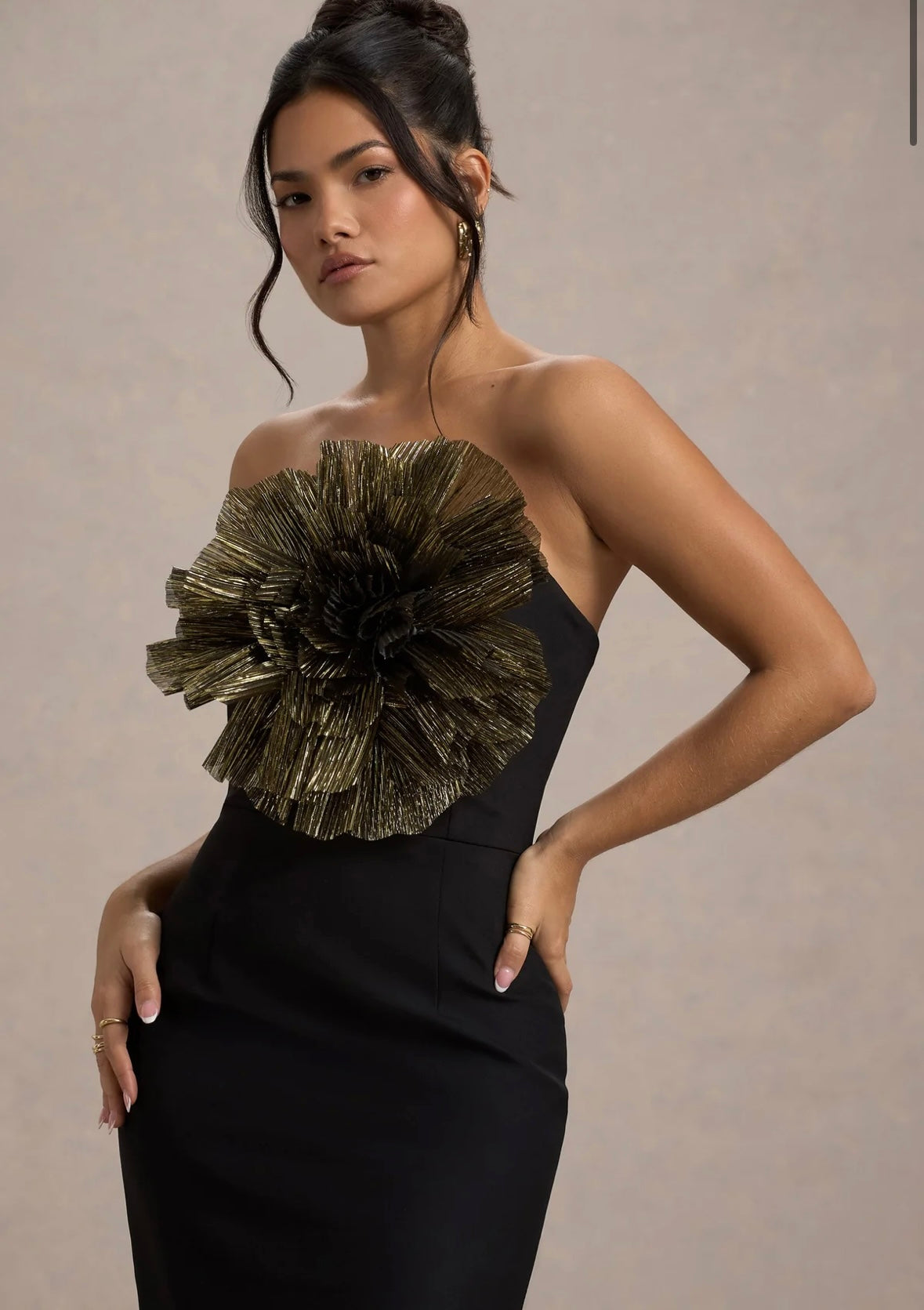 CLUB LONDON - Moya Black & Gold Midi Dress With Corsage Detail (AU 16)