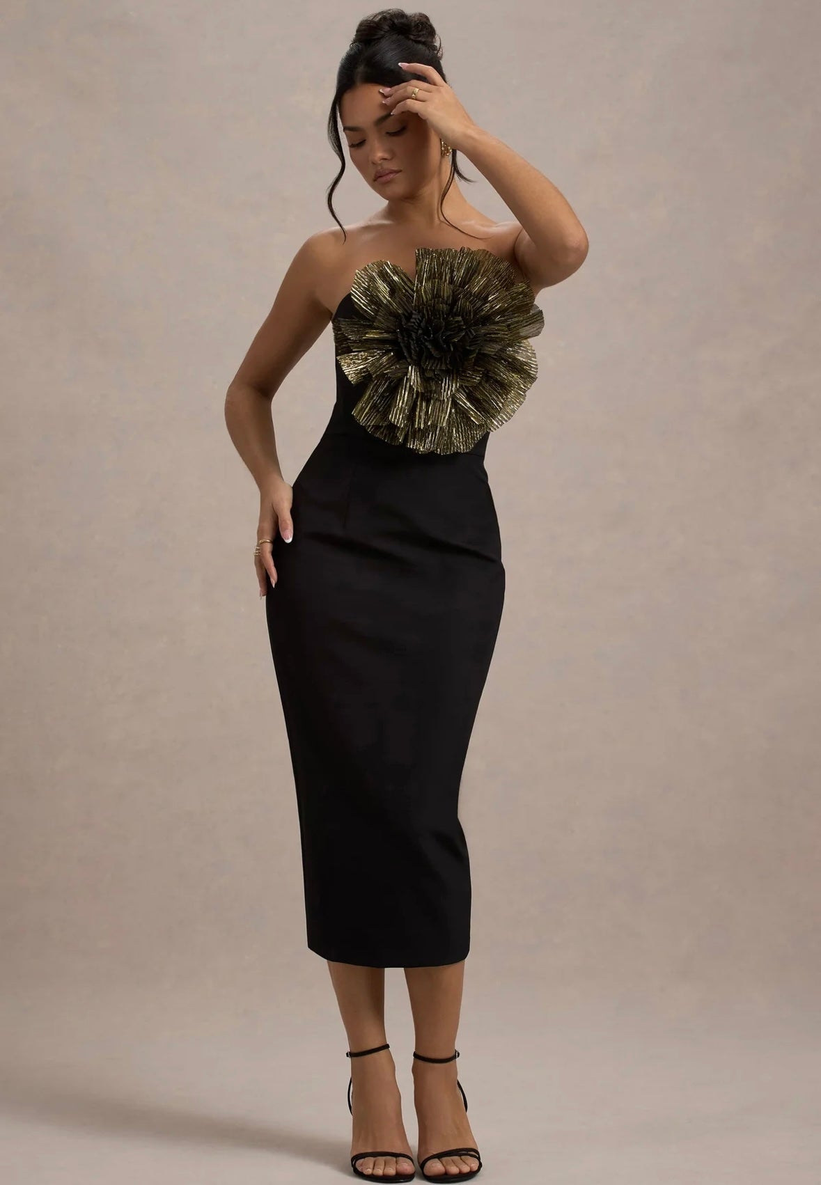 CLUB LONDON - Moya Black & Gold Midi Dress With Corsage Detail (AU 16)
