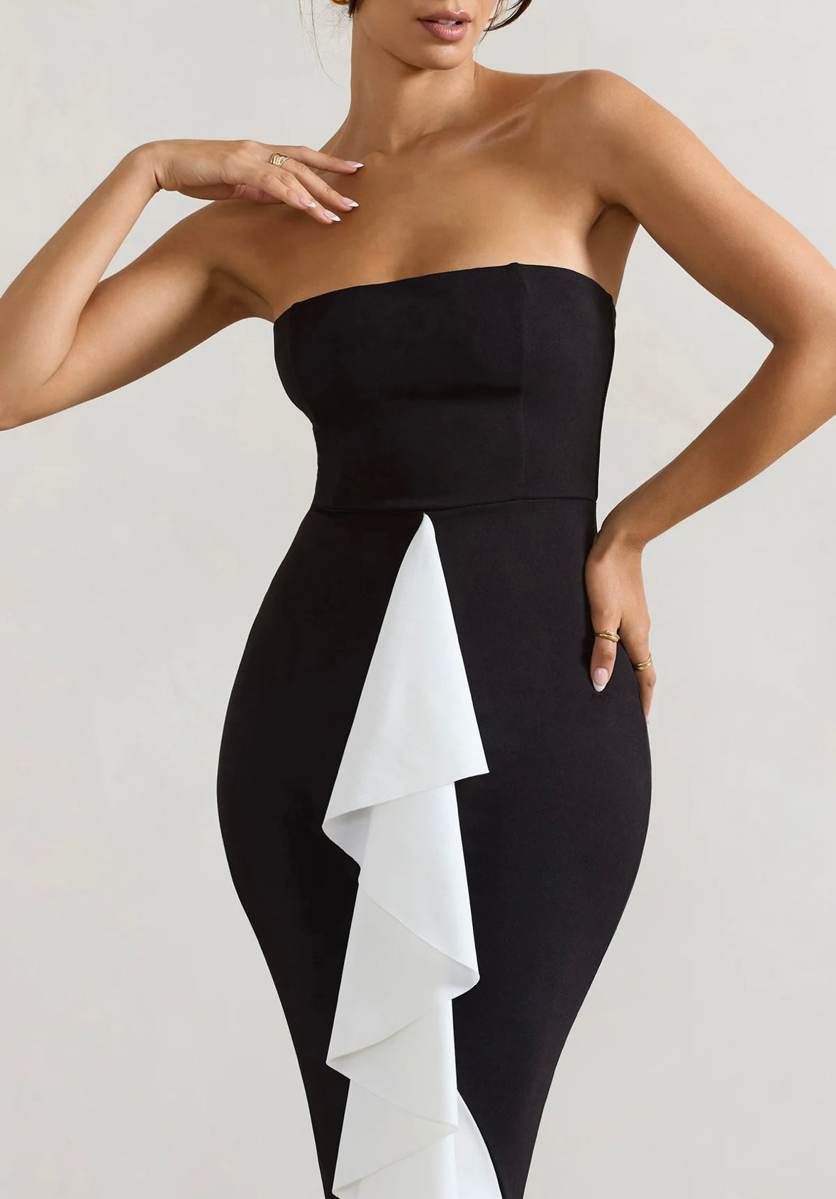 CLUB LONDON - Carbon Black & White Bandeau Ruffled Maxi Dress (AU 8)