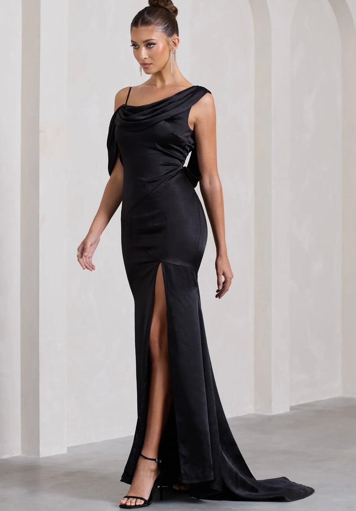 CLUB LONDON - Jayne Black Satin Asymmetric Draped Split Maxi Dress (AU 8)