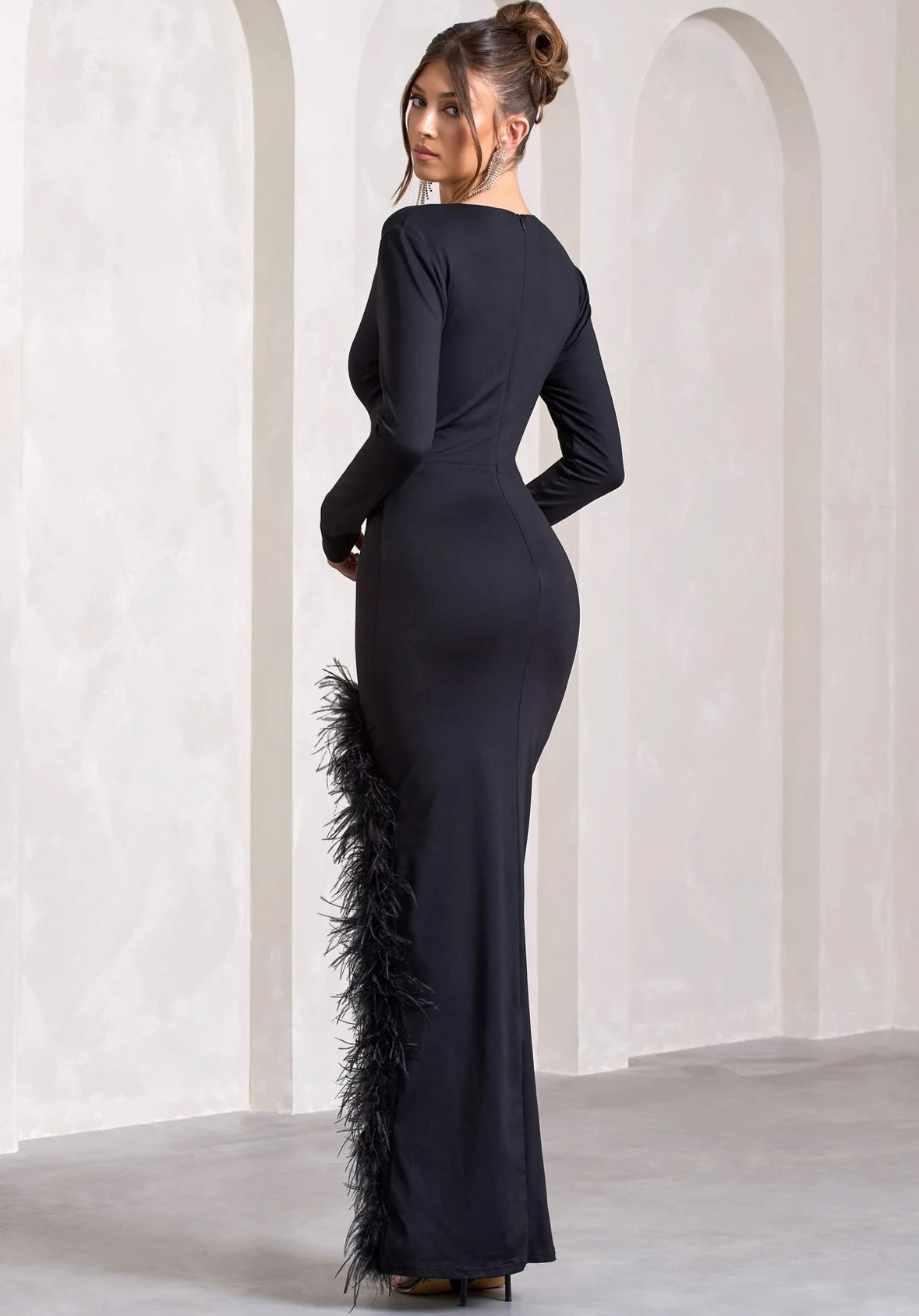 CLUB LONDON - Finale Black Feather Plunge Neck Thigh Split Maxi Dress (AU 6)