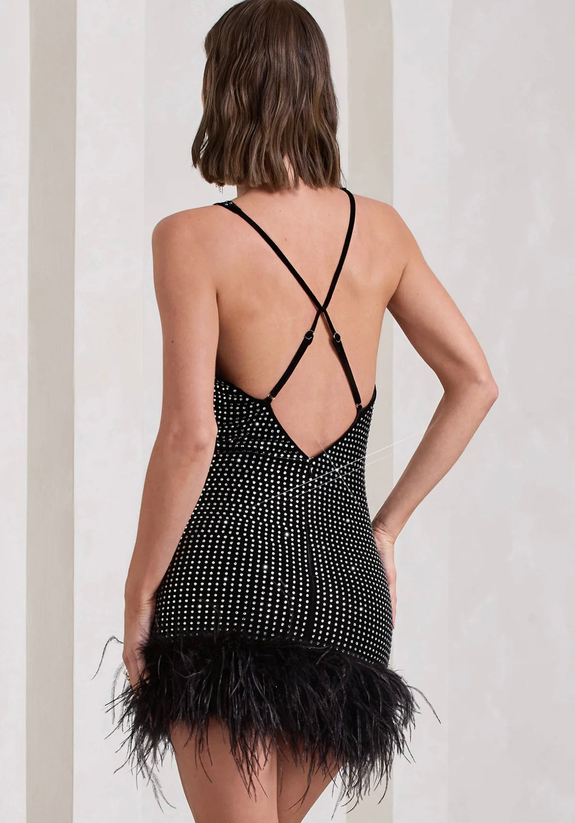 CLUB LONDON - Mirror Me Black Velvet Embellished Cowl-Neck Mini Dress With Feather Trim (AU 6)