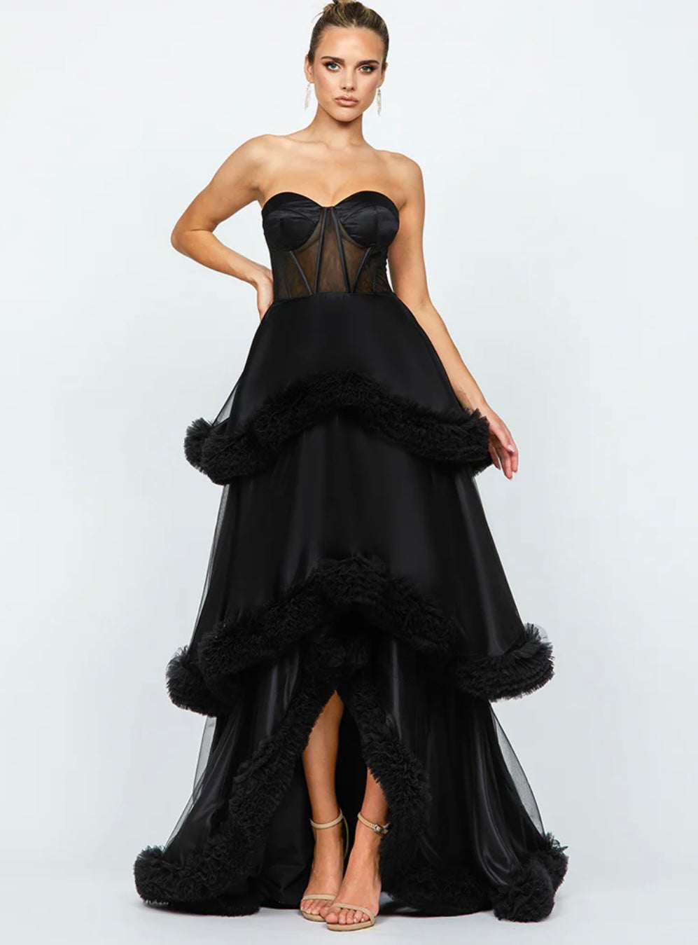 bariano black dress Bariano Elena One Shoulder Ruffle Midaxi Gown In Black - 30% Off
