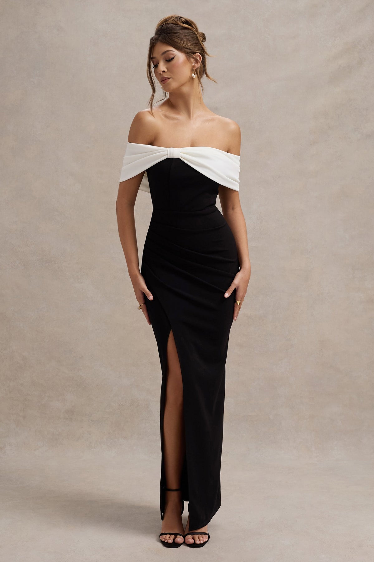 CLUB LONDON - EVA Black & White Bardot Bow Detail Maci Dress With Thigh Split (AU 18)