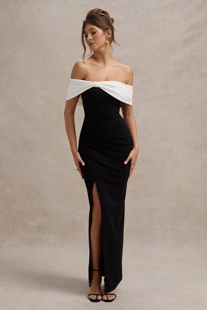 CLUB LONDON - EVA Black & White Bardot Bow Detail Maci Dress With Thigh Split (AU 18)