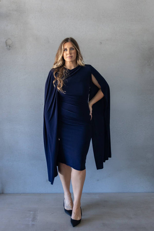 CLUB LONDON - Marysol Navy Cape midi dress (AU 16)
