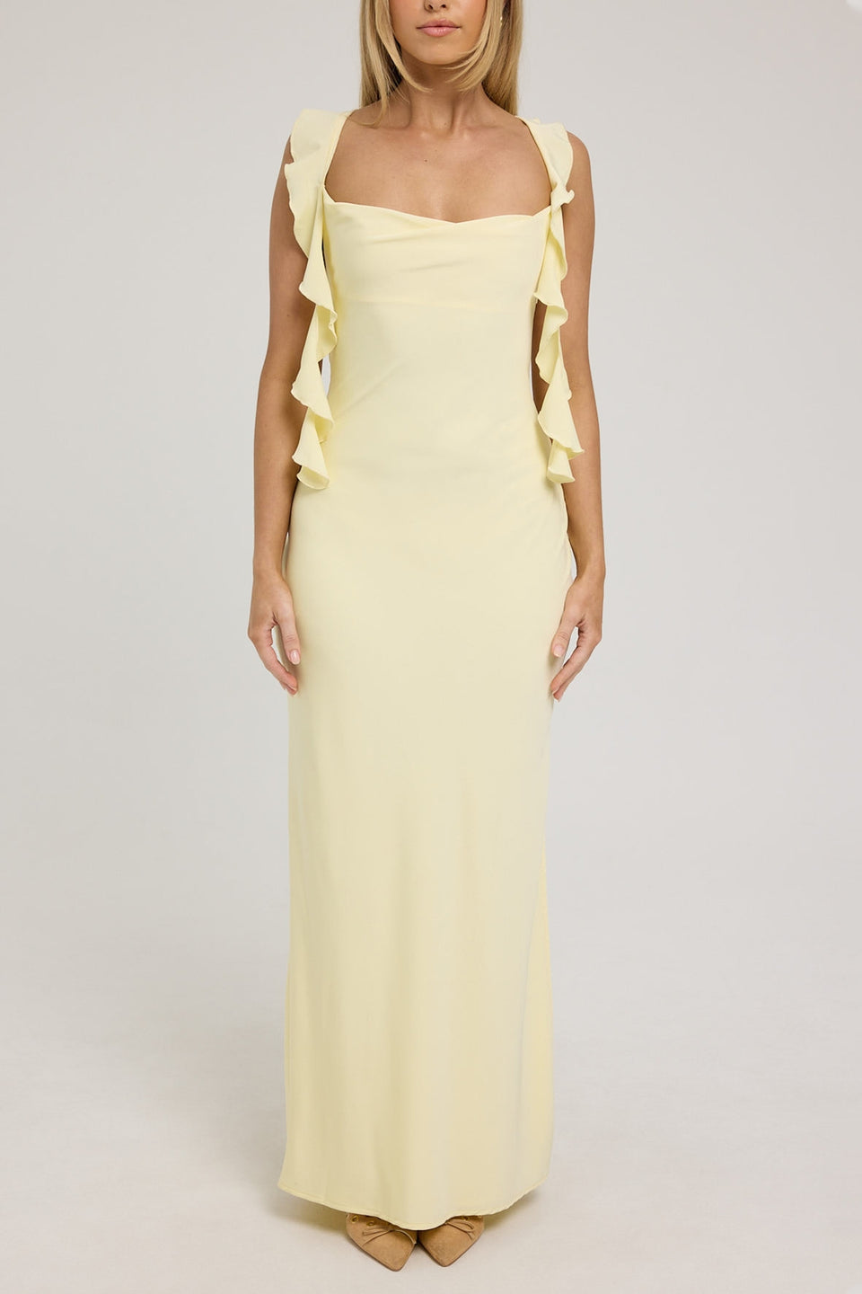LUCK & TROUBLE - Slight Cowl Ruffle Maxi Dress (AU 10)