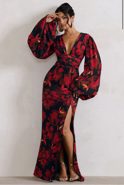 CLUB LONDON - Casarile V-neck, Balloon Sleeve Maxi Dress (AU 12)