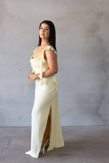 LUCK & TROUBLE - Slight Cowl Ruffle Maxi Dress (AU 10)