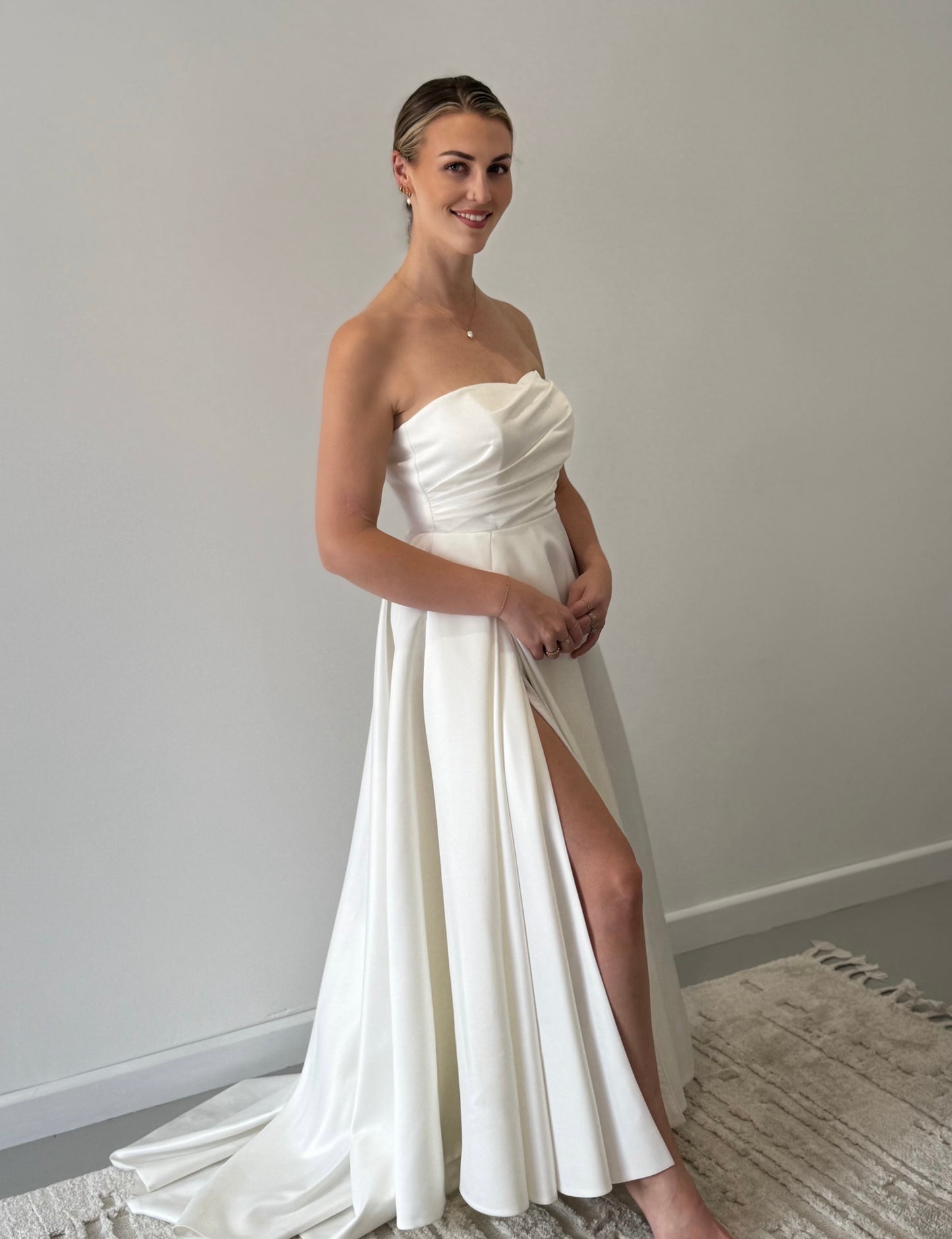 WEDDING DRESS - Strapless Satin A-Line Bridal Gown with Split (AU 8-10)