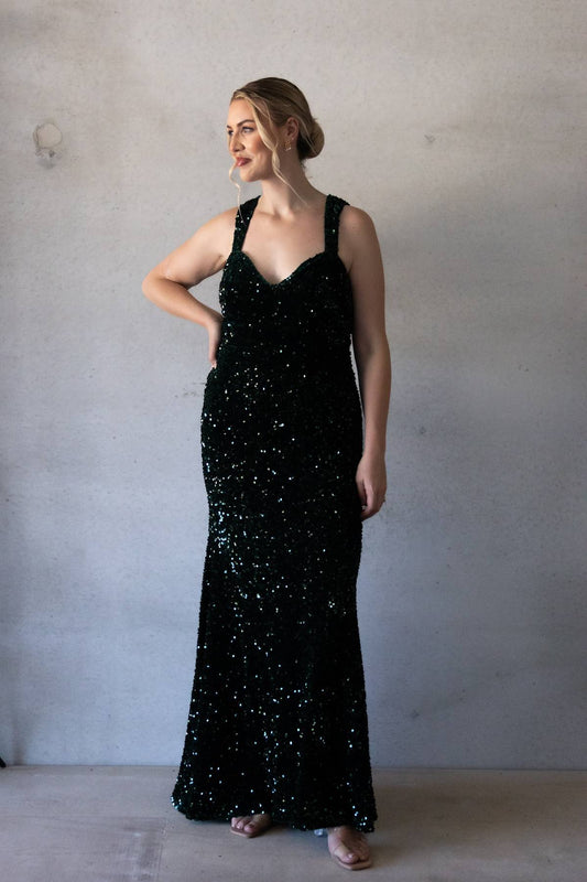 ALAMOUR THE LABEL - Zara Emerald Velvet Sequin Maxi Dress (L)