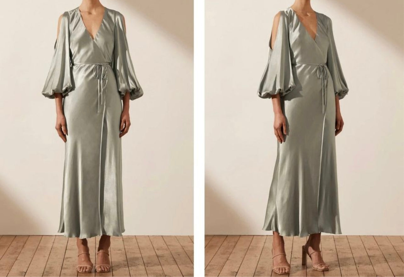 SHONA JOY - La Lune Sleeve Wrap Dress in Sage Green