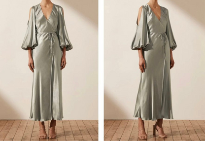 SHONA JOY - La Lune Sleeve Wrap Dress in Sage Green
