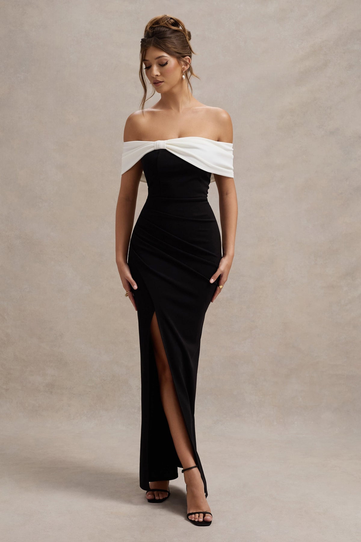CLUB LONDON - EVA Black & White Bardot Bow Detail Maci Dress With Thigh Split (AU 18)