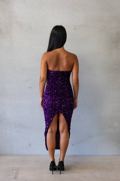 RUNAWAY THE LABEL- Sin City Midi Dress in Purple Sequin (AU 6)