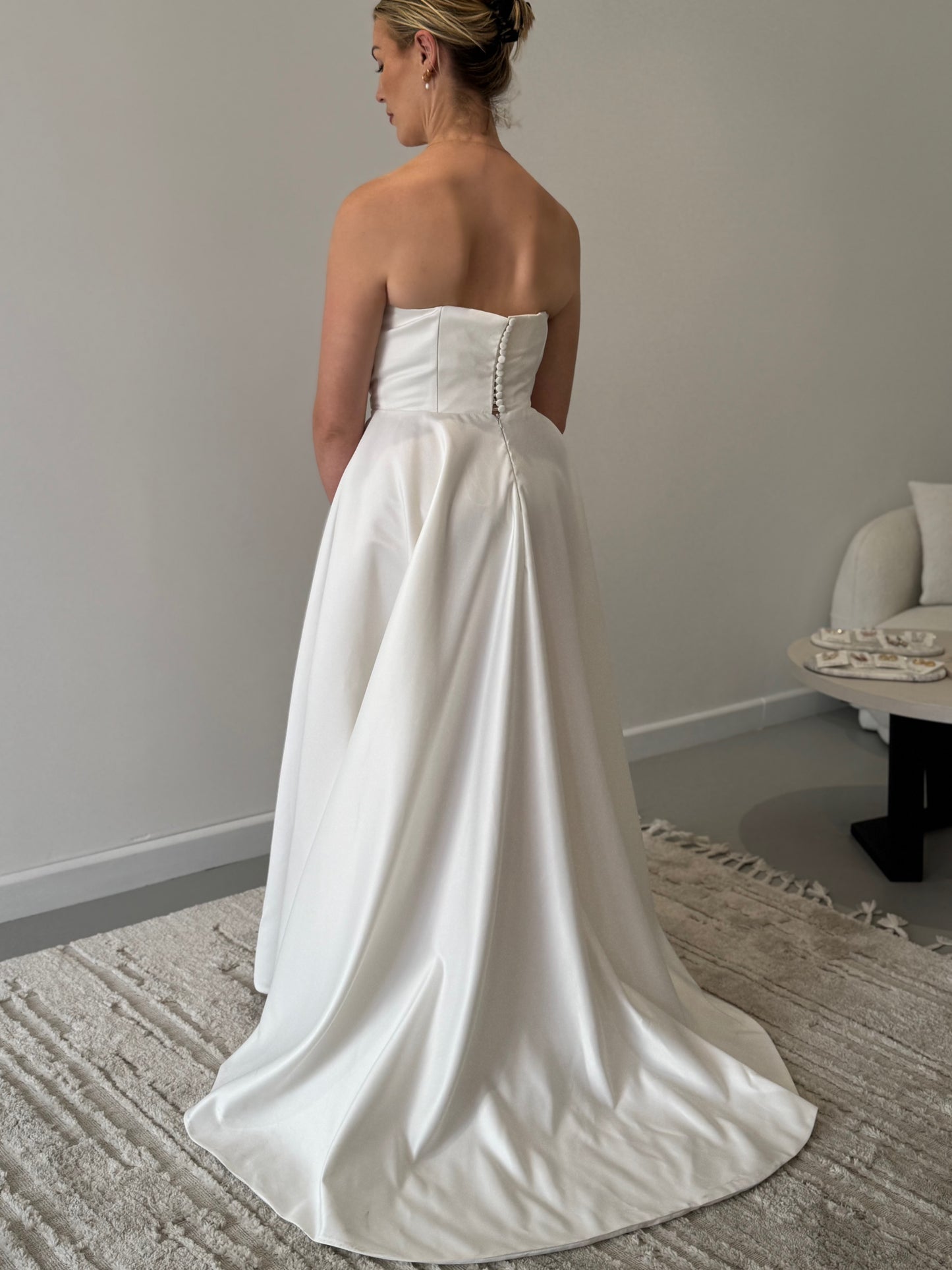 WEDDING DRESS - Strapless Satin A-Line Bridal Gown with Split (AU 8-10)