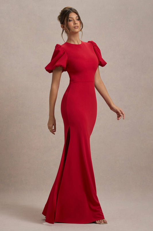 CLUB LONDON - Love Letters Red Puff Sleeve Maxi Dress (AU 18)