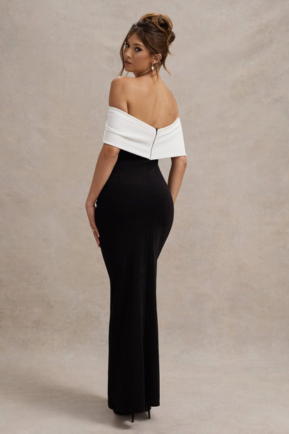 CLUB LONDON - EVA Black & White Bardot Bow Detail Maci Dress With Thigh Split (AU 18)