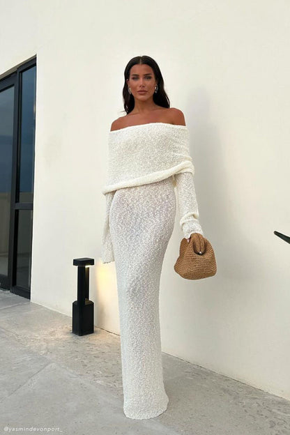 MESHKI - Marisol Off shoulder Boucle Maxi - Ivory (M)