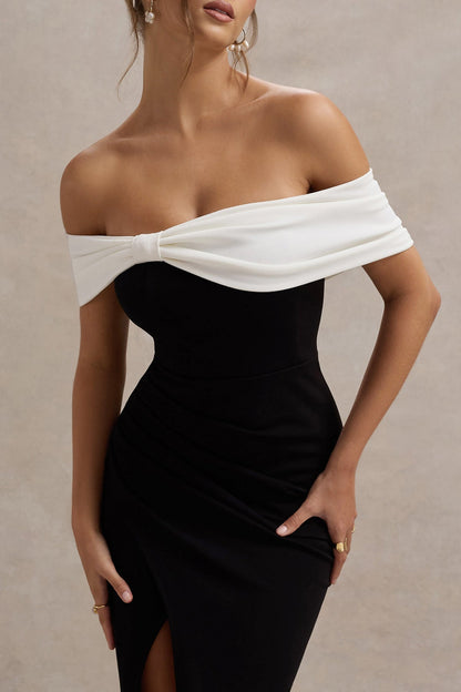 CLUB LONDON - EVA Black & White Bardot Bow Detail Maci Dress With Thigh Split (AU 18)
