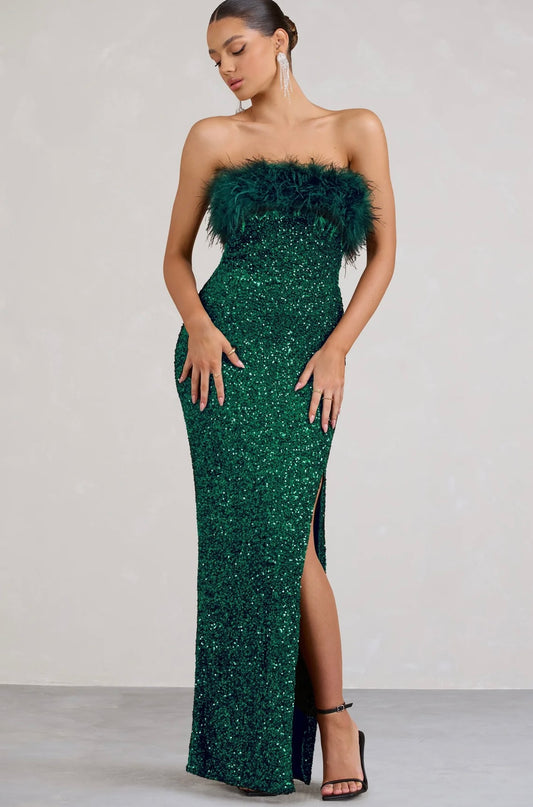CLUB LONDON - Old Money Dress in Bottle Green Sequin (AU 8/10)