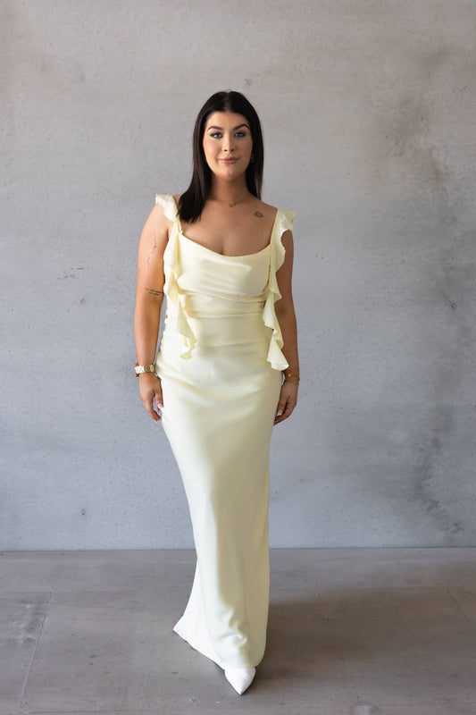 LUCK & TROUBLE - Slight Cowl Ruffle Maxi Dress (AU 10)