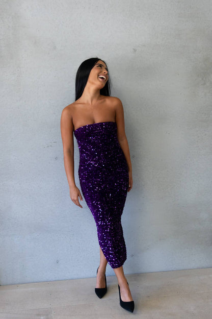 RUNAWAY THE LABEL- Sin City Midi Dress in Purple Sequin (AU 6)