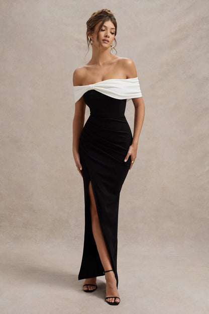 CLUB LONDON - EVA Black & White Bardot Bow Detail Maci Dress With Thigh Split (AU 18)