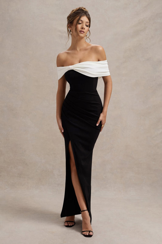 CLUB LONDON - EVA Black & White Bardot Bow Detail Maci Dress With Thigh Split (AU 18)