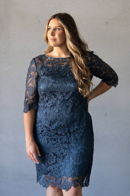 MONTIQUE - Blue Lace Mini Dress (AU 16)