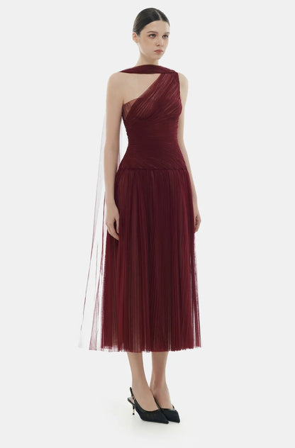 MONTSAND - Bordeaux Draped Midi Dress (Size L)