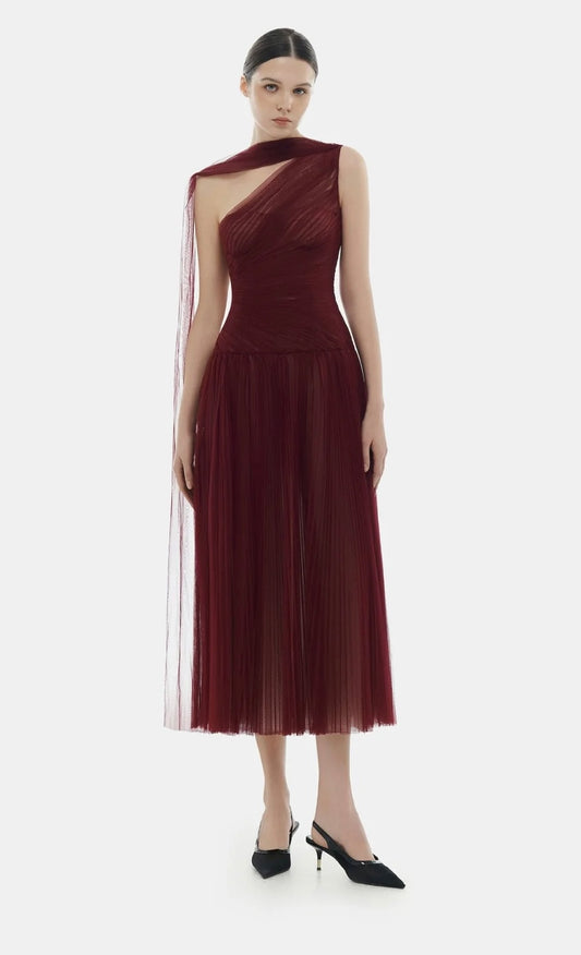 MONTSAND - Bordeaux Draped Midi Dress (Size L)