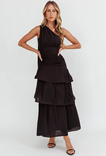 SAINTS & SECRETS - One Shoulder Tiered Maxi Dress (Black Size 10/Powder Blue Size 8)