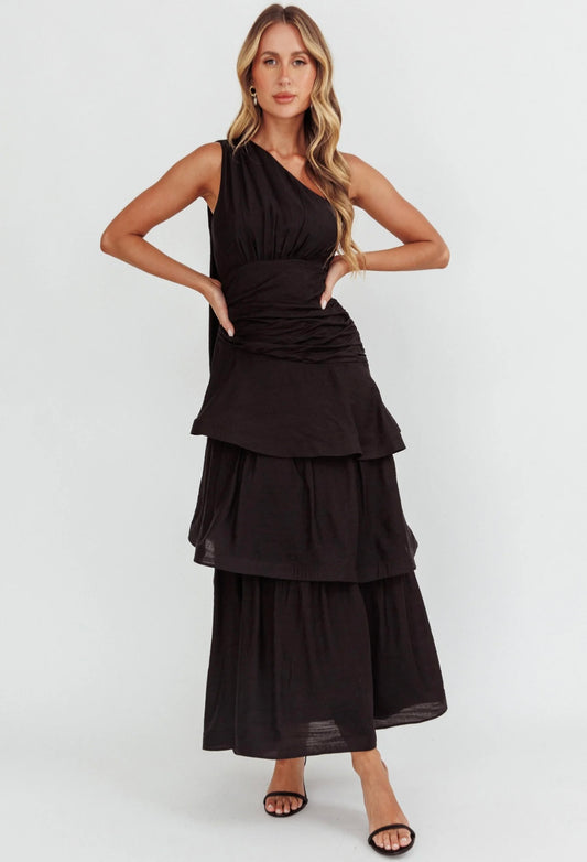 SAINTS & SECRETS - One Shoulder Tiered Maxi Dress (Black Size 10/Powder Blue Size 8)