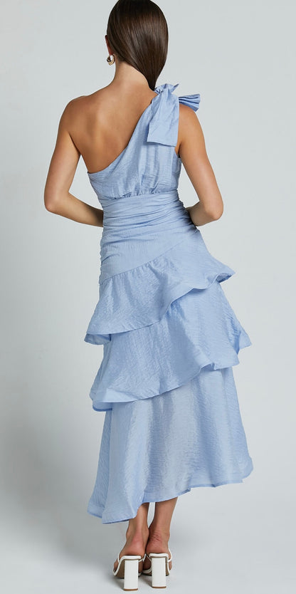SAINTS & SECRETS - One Shoulder Tiered Maxi Dress (Black Size 10/Powder Blue Size 8)