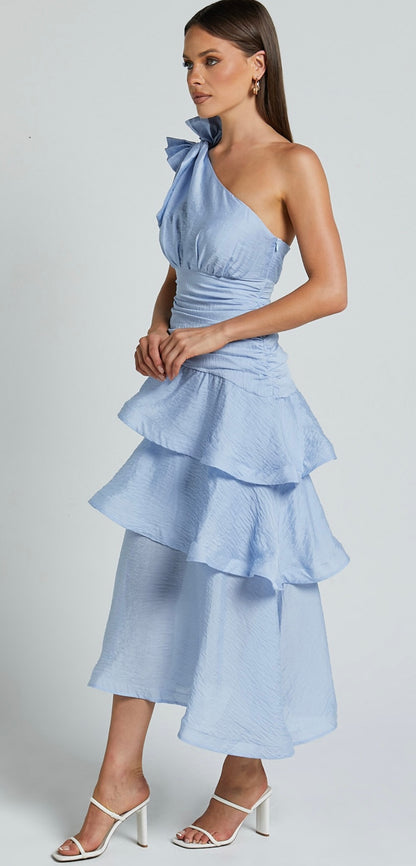 SAINTS & SECRETS - One Shoulder Tiered Maxi Dress (Black Size 10/Powder Blue Size 8)