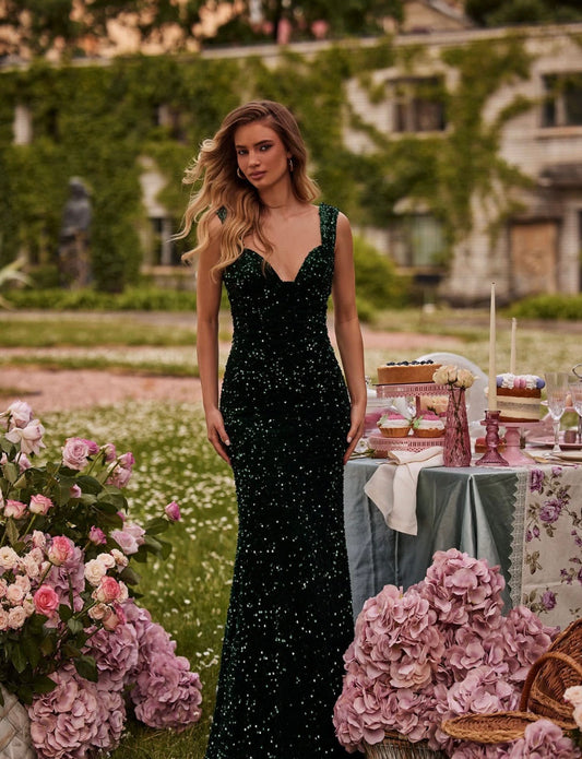 ALAMOUR THE LABEL - Zara Emerald Velvet Sequin Maxi Dress (L)