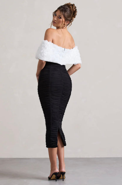 CLUB LONDON - Olea Black & White Ruched Bardot Midi Dress with Flowers (AU 12)