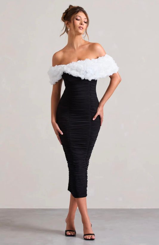 CLUB LONDON - Olea Black & White Ruched Bardot Midi Dress with Flowers (AU 12)