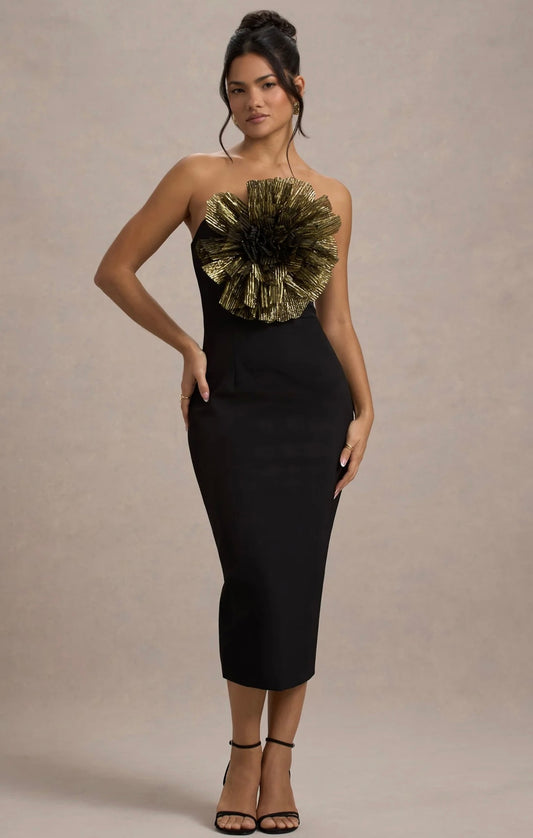 CLUB LONDON - Moya Black & Gold Midi Dress With Corsage Detail (AU 16)