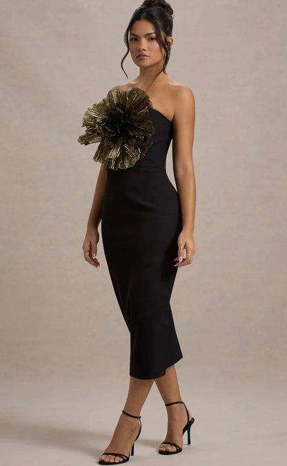 CLUB LONDON - Moya Black & Gold Midi Dress With Corsage Detail (AU 16)