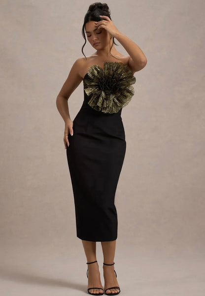 CLUB LONDON - Moya Black & Gold Midi Dress With Corsage Detail (AU 16)